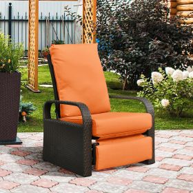 Outdoor Recliner Chair;  Automatic Adjustable Wicker Lounge Recliner Chair with 5.12'' Thicken Cushion - Orange - Brown Wicker