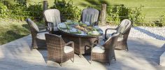 Turnbury Outdoor 7 Piece Patio Wicker Gas Fire Pit Set Oval Table with Arm Chairs by Direct Wicker - brown